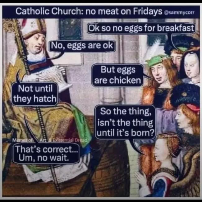 Medieval manuscript style illustration of a Catholic bishop debating religious dietary rules with citizens via comic text bubbles.