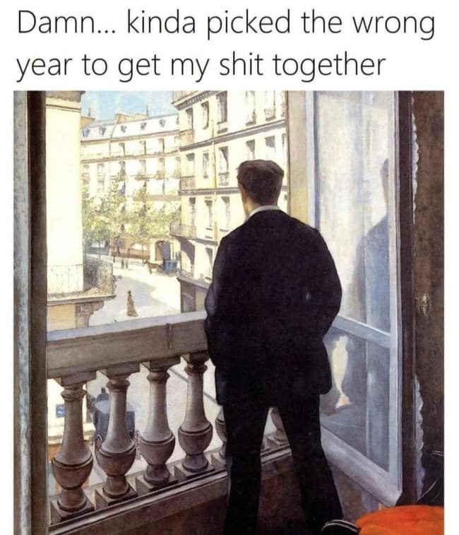 Impressionist painting of a man seen from behind looking out over a city balcony under an existential text headline.