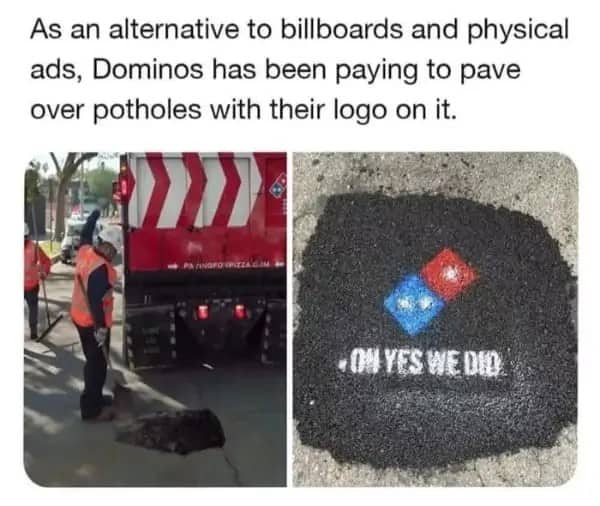 A split image showing workers paving a pothole spray-painted with the corporate Dominos pizza logo.