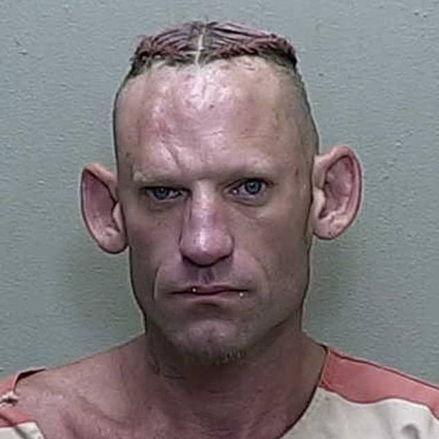 Mugshot of a man with prominent ears and a thin braided strip of hair.