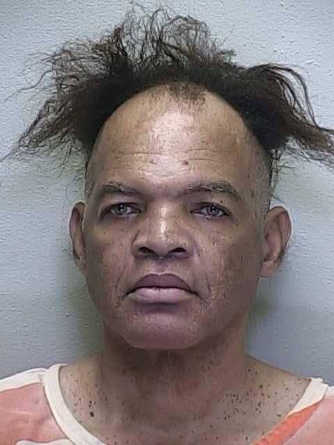 Mugshot of a man with a bald top and frizzy hair exploding out the sides.