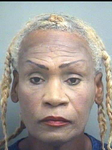 Mugshot of a person with thin drawn eyebrows and platinum blonde braids.