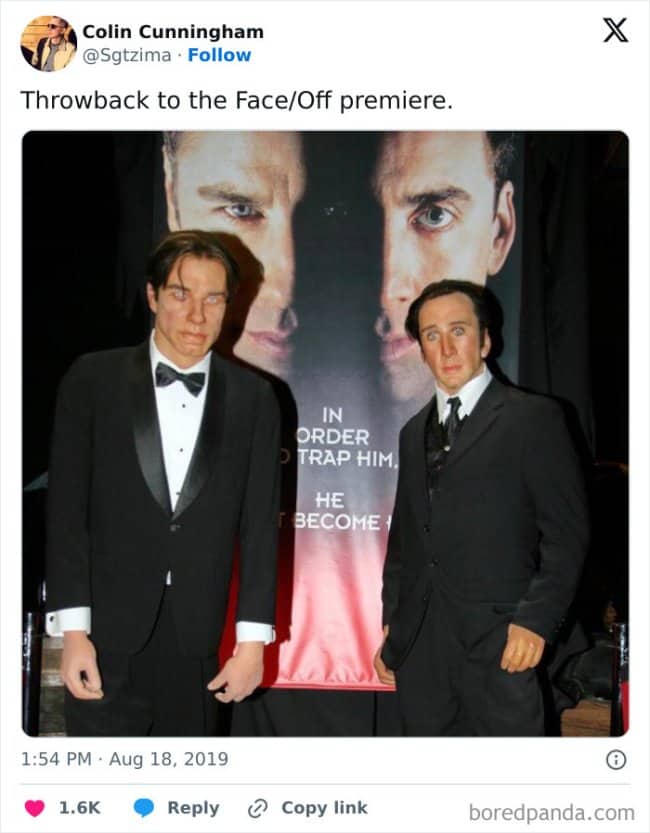 Social media post featuring incredibly cursed wax figures of John Travolta and Nicolas Cage.