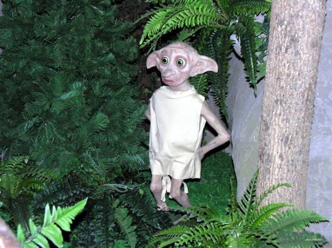 Wide-eyed Dobby the house elf wax figure standing awkwardly amidst green plastic ferns.