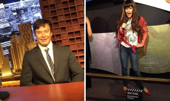 Split image showing awkward wax figures of talk show host Jimmy Fallon and Miley Cyrus.