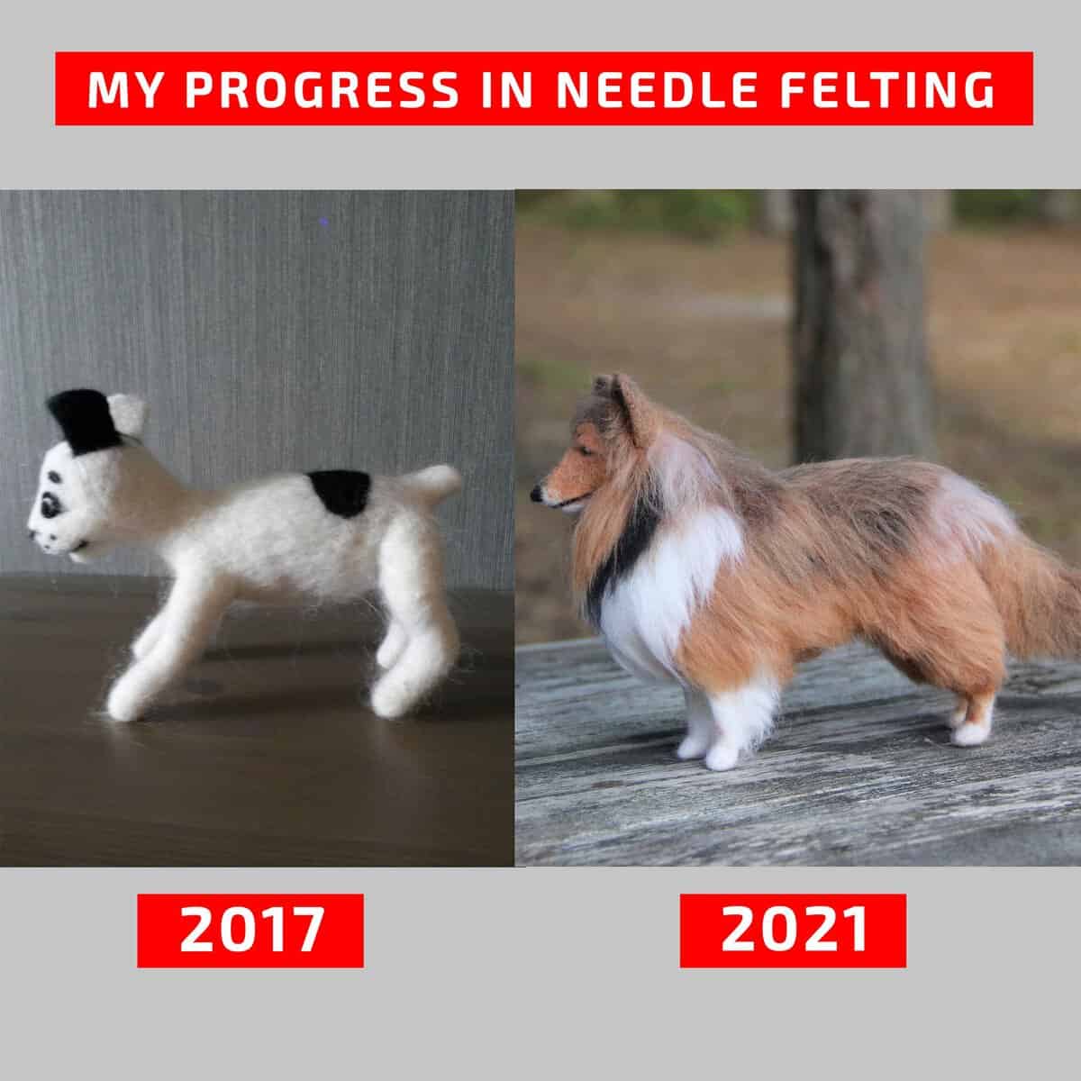 Two-panel progress meme contrasting a distorted, blocky white animal from 2017 with a flawless, hyper-realistic felt Shetland Sheepdog from 2021 as a triumph over cursed crafts.
