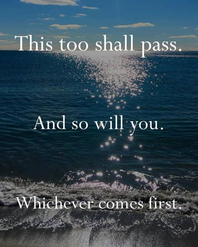 Dark humor meme over sparkling ocean water this too shall pass and so will you.