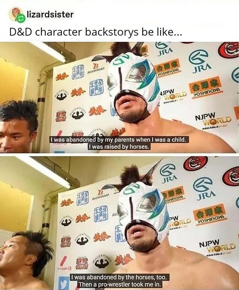 A multi-panel interview screenshot operating as a hilarious dnd meme features a Japanese professional wrestler wearing a luchador mask with horse ears to satirize over-the-top character backstories. The subtitles track his tragic childhood: "I was abandoned by my parents when I was a child. I was raised by horses. I was abandoned by the horses, too. Then a pro-wrestler took me in."
