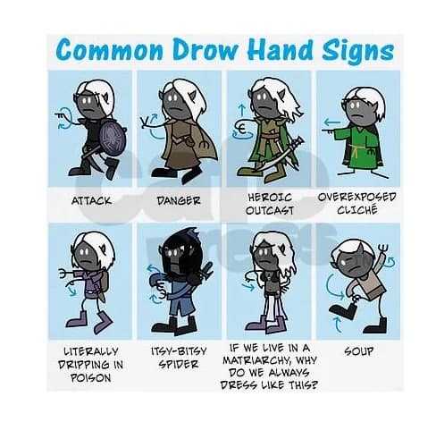An Order of the Stick style webcomic instructional grid layout illustrating 'Common Drow Hand Signs' in a humorous dnd meme, featuring tactical military gestures that turn into a meta-critique on fantasy underdark fashion choices.