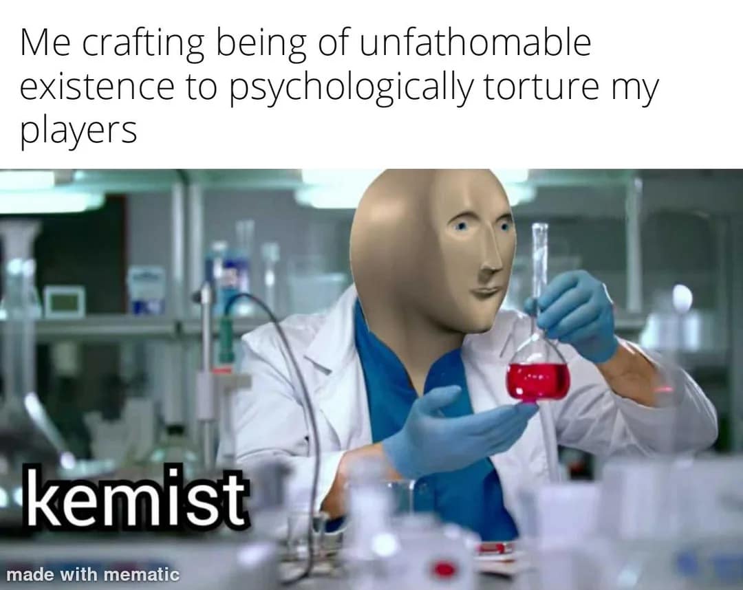 A surreal internet stock character mashup working as a Dungeon Master dnd meme, featuring the smooth-headed "Meme Man" in a white lab coat holding up a glowing red beaker to symbolize crafting unbalanced homebrew monsters to test his friends.