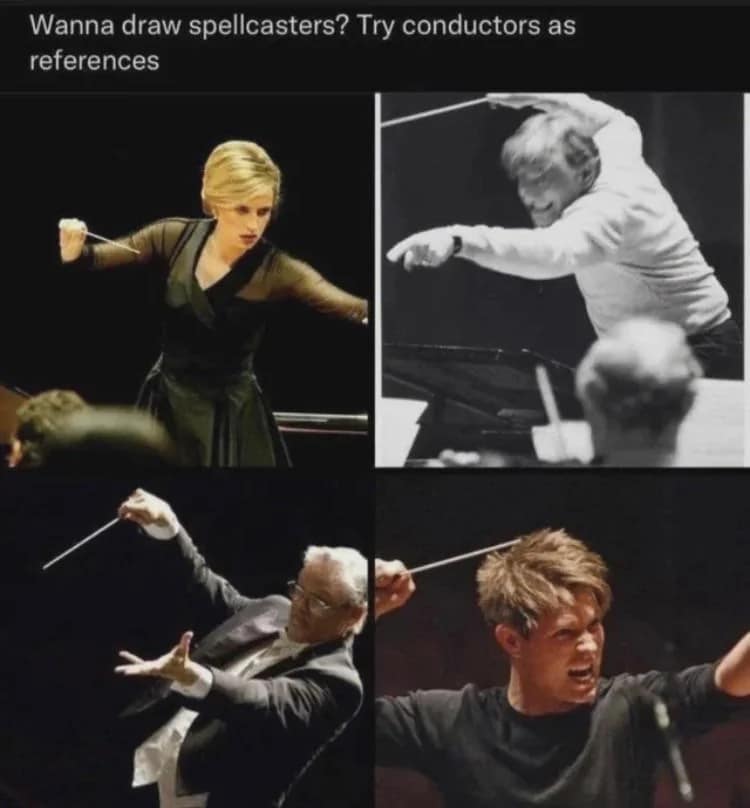 Four-panel grid of classical music conductors in highly dramatic, expressive poses with batons in a helpful dnd meme offering character reference sheets for somatic spell components.