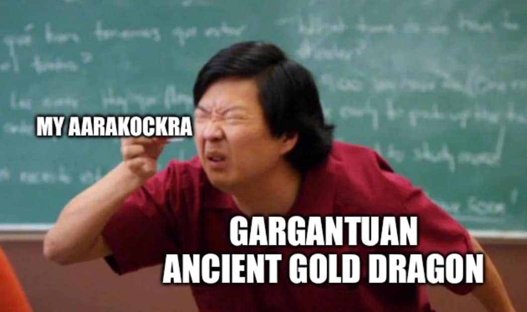 dnd meme utilizing the classic format of Ken Jeong squinting at a tiny piece of paper to represent an avian Aarakocra player trying to lay eyes on an impossibly large Gargantuan Ancient Gold Dragon on the combat grid.