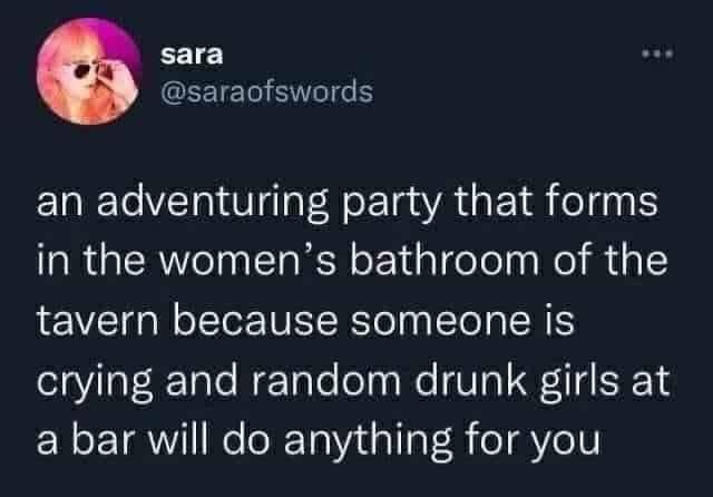 Twitter text post screenshot by user @saraofswords detailing a tavern bathroom party composition idea within a funny dnd meme.