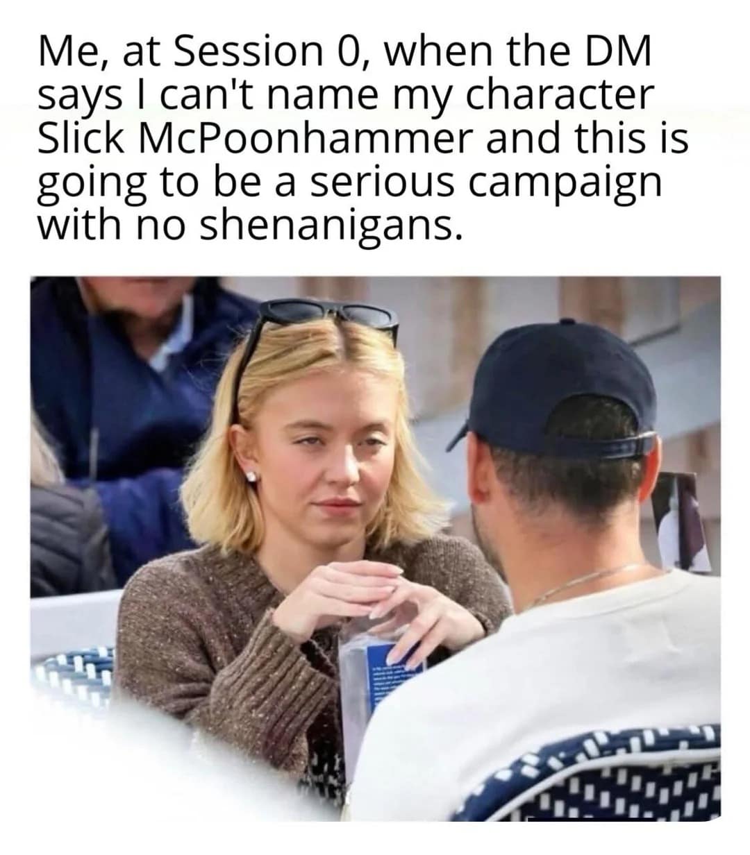 A dnd meme featuring a candid photo of actress Sydney Sweeney looking deeply unamused and intensely skeptical across a table, captioned with a text scenario describing a player sitting through a strict Session 0 after the Dungeon Master bans the custom character name "Slick McPoonhammer" in favor of a serious, no-shenanigans campaign.