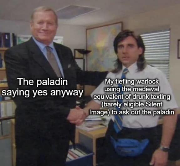 Michael Scott and Ed Truck from The Office shaking hands in an illustrative d&d meme about a warlock casting an illusion to ask out a paladin.
