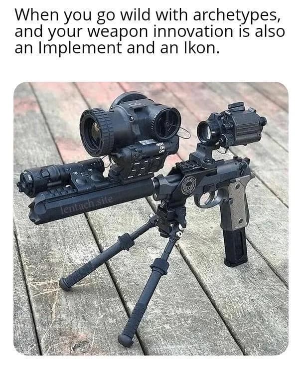 A hyper-optimized optimization joke serving as a funny dnd meme displays a modern semi-automatic pistol absolutely buried under a ridiculous, overlapping stack of tactical gear, including a massive night-vision thermal scope, secondary red dot sights, flashlights, a silencer, and a full bipod stand.