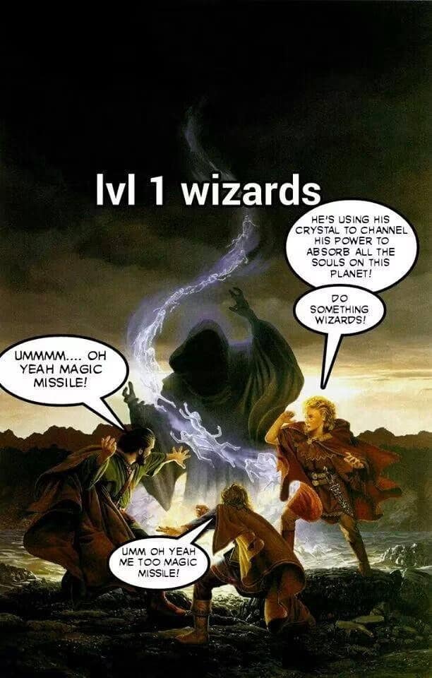 Classic fantasy illustration of a high-level lich channeling a cosmic soul vortex above a group of panic-casting level 1 adventurers in a funny dnd meme.