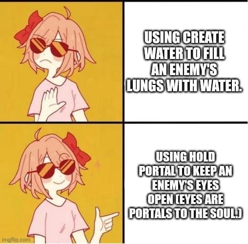 Two-panel anime girl reaction template contrasting rule-bending spell mechanics inside an optimization-themed d&d meme.