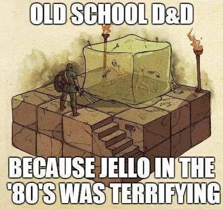 Vintage fantasy art drawing of a dungeon fighter confronting a translucent monster block on a grid map within an old-school dnd meme.