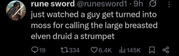 Twitter text screenshot by user @runesword1 describing a chaotic polymorph spell event within a fantasy d&d meme.