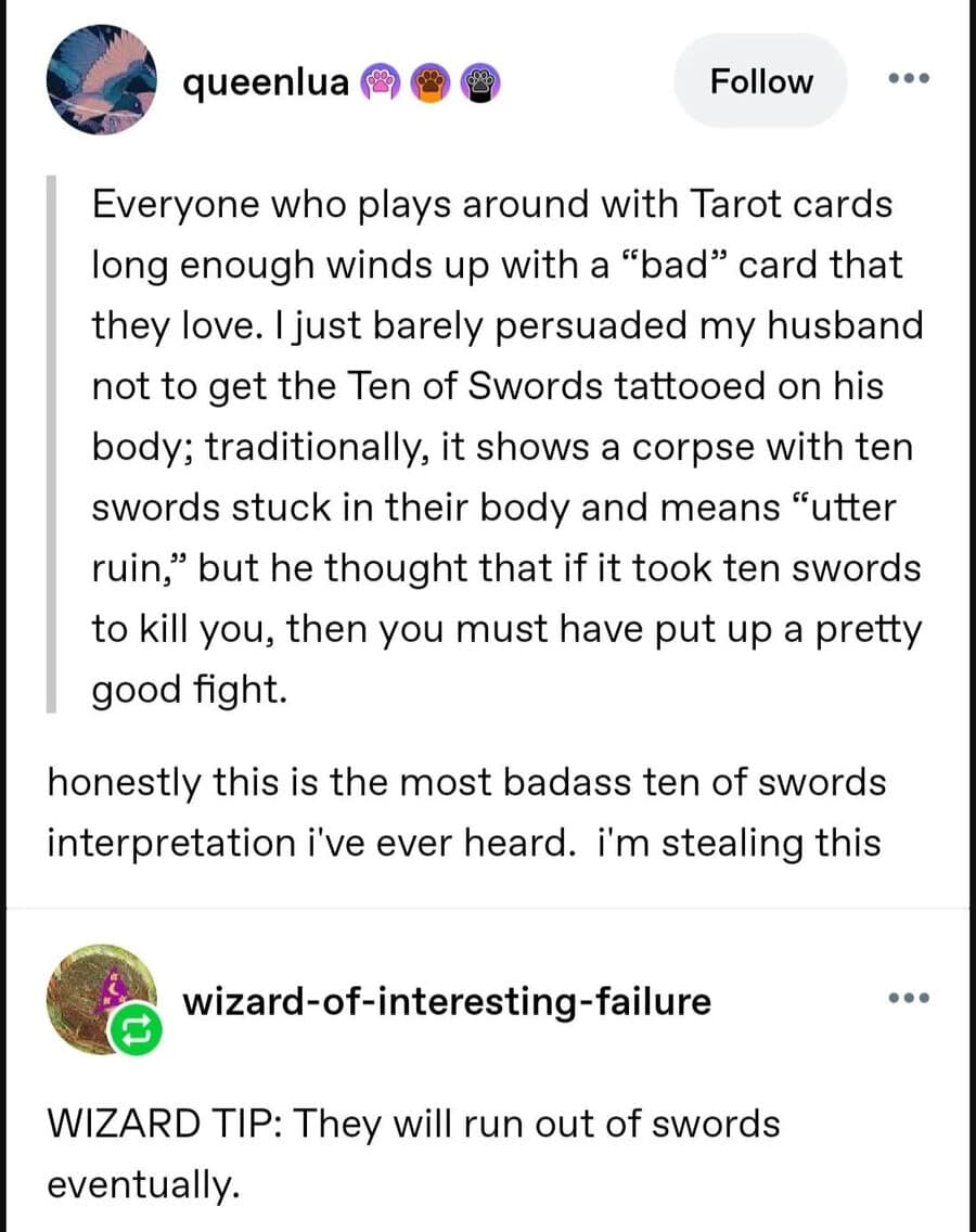 Social media thread detailing a badass interpretation of the Ten of Swords tarot card paired with a comedic wizard tip comment in a dnd meme.