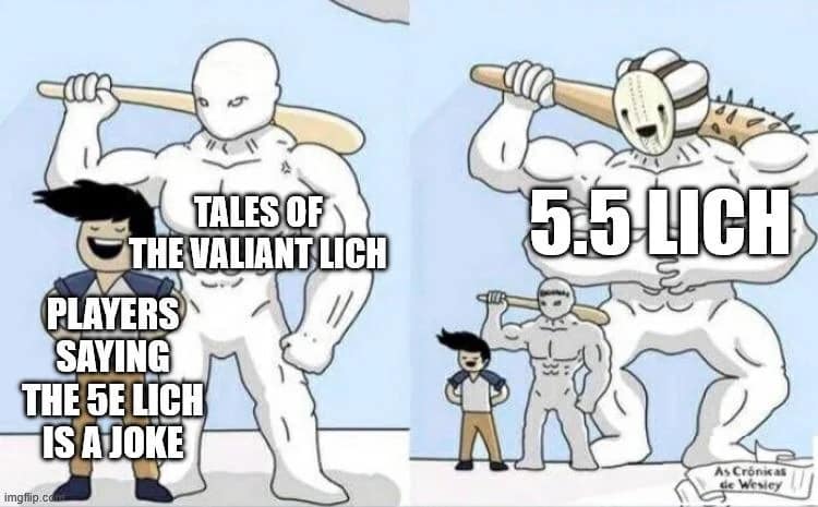 A multi-panel comic book character scaling illustration turned into a d&d meme. The first panel features a muscular white giant guarding a smaller player, while the second panel reveals an even more gargantuan, multi-armed titan labeled '5.5 Lich' wielding a massive spiked club behind them.