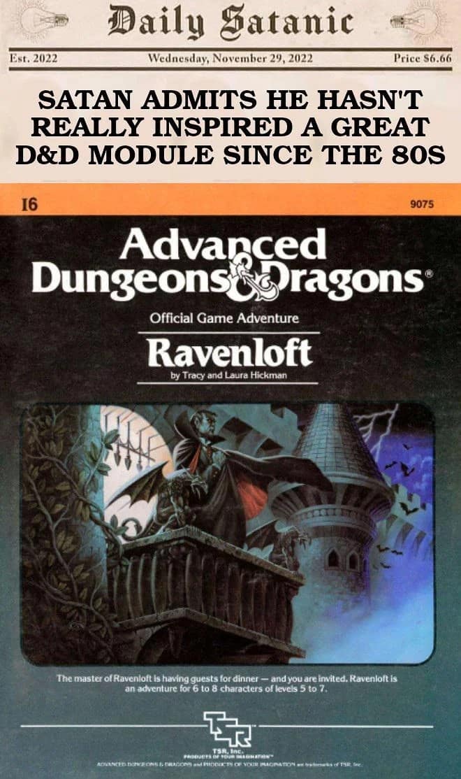 fictional satirical newspaper clipping functioning as a vintage dnd meme, featuring a bold headline declaring that Satan hasn't inspired a great campaign module since the classic 1983 AD&D Ravenloft release.