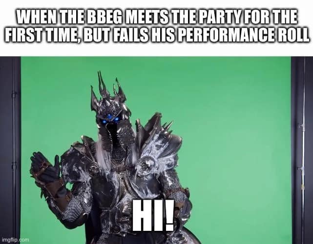 An atmospheric cosplay snapshot running as a relatable dnd meme, showing a person in an imposing, spike-crowned Lich King armor suit standing in front of a green screen waving an awkward, polite hello to represent a boss failing a performance check.