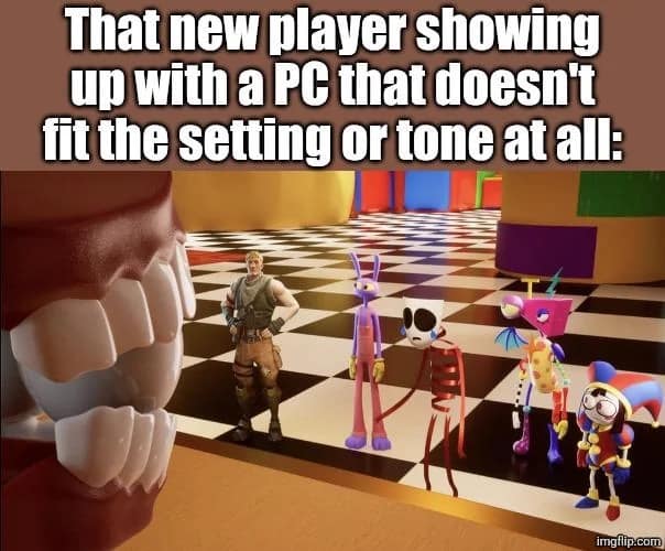 A crossover character render operating as a funny d&d meme, showing a realistic military Fortnite soldier skin standing inside the colorful, surreal world of The Amazing Digital Circus to illustrate a poorly matched player character concept.