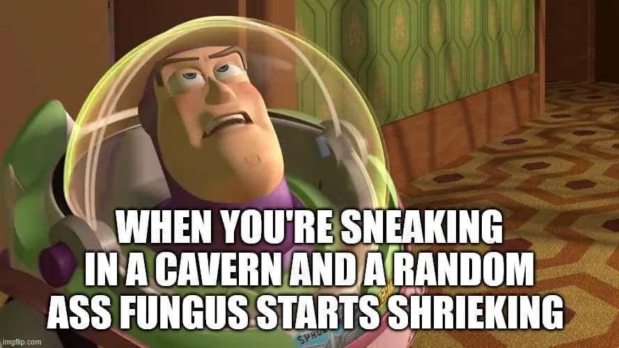 A movie scene macro serving as an Underdark survival dnd meme, using a deeply annoyed image of Buzz Lightyear rolling his eyes to represent a stealthy party being immediately compromised by a shrieking cave fungus.