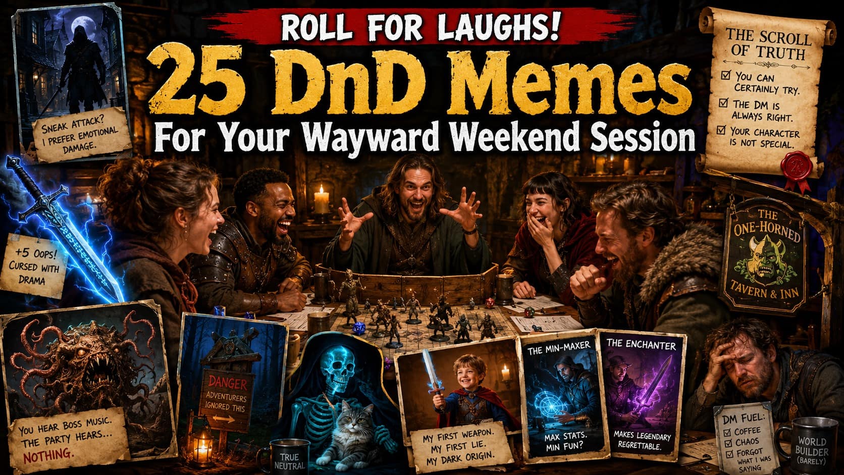 a dnd memes anthology capturing the chaotic essence of tabletop gaming culture; permanently highlighting a gritty black-and-white Willem Dafoe representing a traumatized 3.5e rogue, a miniature combat map setup centered entirely around an iconic yellow-roofed Waffle House fighting pit, and a real-life tiger executing an awkward leg-up grooming stretch to represent a failed natural 1 Druid wildshape check.