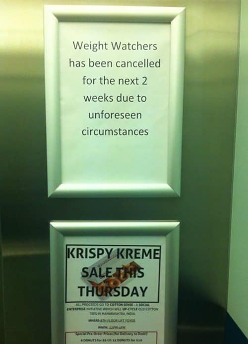 A hilarious real-world ironic donut meme showing an office wall with two framed signs stacked perfectly on top of each other. The top sign states that Weight Watchers has been canceled for two weeks due to "unforeseen circumstances," while the bottom sign directly beneath it proudly announces a massive Krispy Kreme sale happening this Thursday.
