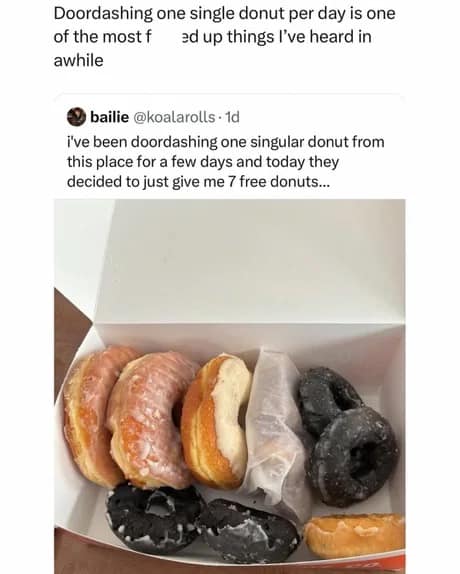 A heartwarming internet donut meme showing a screenshot of a user who regularly DoorDashed a single donut every single day. The donut shop eventually noticed the loyalty and surprised them with a box packed with seven extra free donuts.