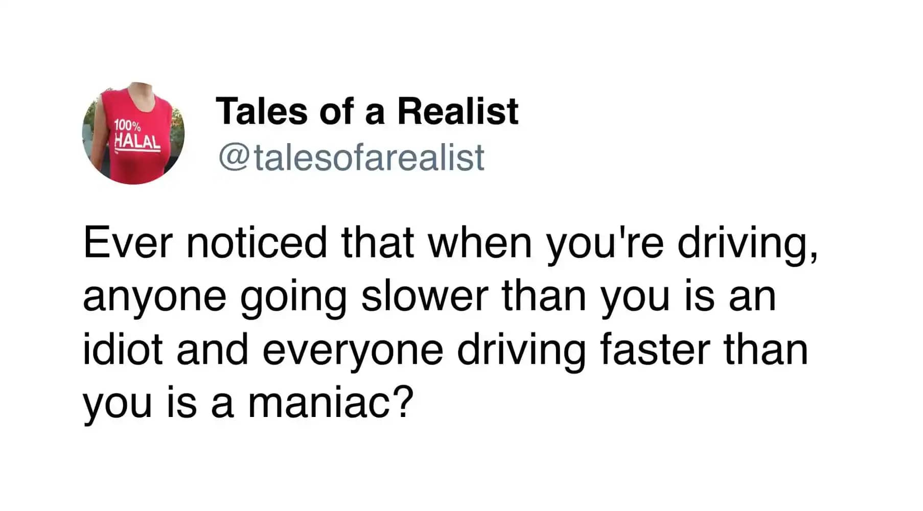 Relatable driving meme about everyone else on the road being an idiot or a maniac.