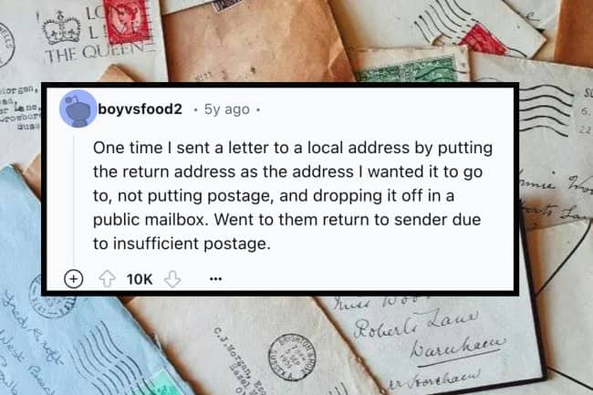 Reddit comment over vintage letters explaining a trick to mail a letter without postage.
