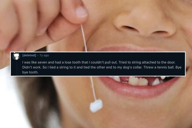 Child losing a tooth text box over a close up image of teeth.