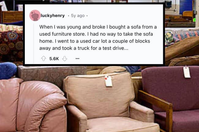 Social media confession about using a test drive truck to move a used sofa.