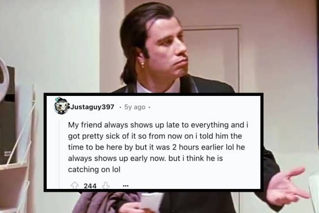 Reddit post featuring a confused John Travolta meme about tricking a late friend.