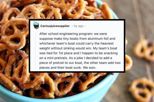 Text box explaining how a snack pretzel won a school physics boat competition.