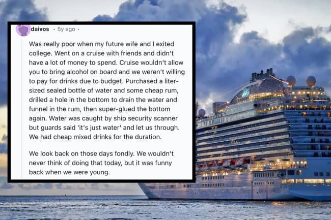 Large cruise ship background with text detailing a clever rum smuggling water bottle hack.