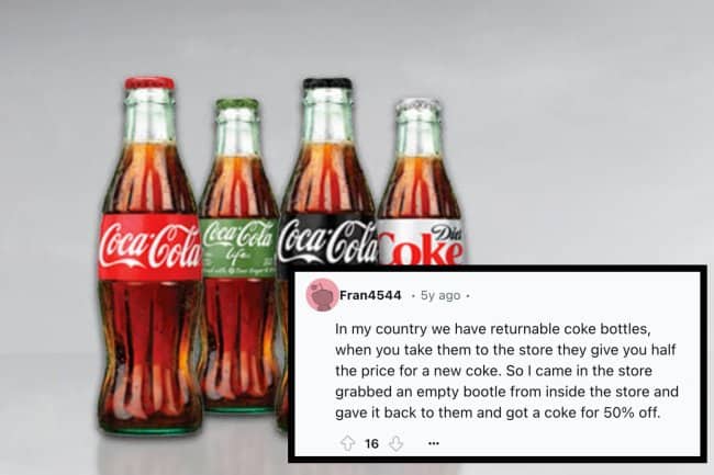 In store soda promotion trick comment overlaid on classic glass Coca Cola bottles.