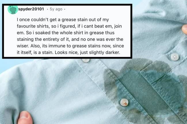 Stained blue shirt background with text explaining an aggressive grease stain fix.