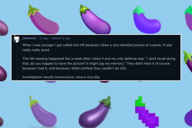 HR meeting evasion tactic story shown over an eggplant emoji background pattern.