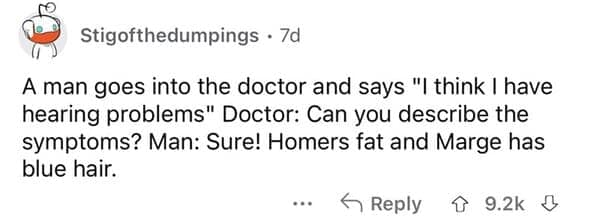 A screenshot of a Reddit text post by user Stigofthedumpings presenting a wordplay-heavy dumb joke about misinterpreting a doctor asking to describe medical "symptoms" as describing The Simpsons characters.