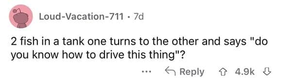 A screenshot of a short Reddit comment by user Loud-Vacation-711 framing a timeless, classic dumb joke punchline about two fish inside a military tank asking each other if they know how to drive it.