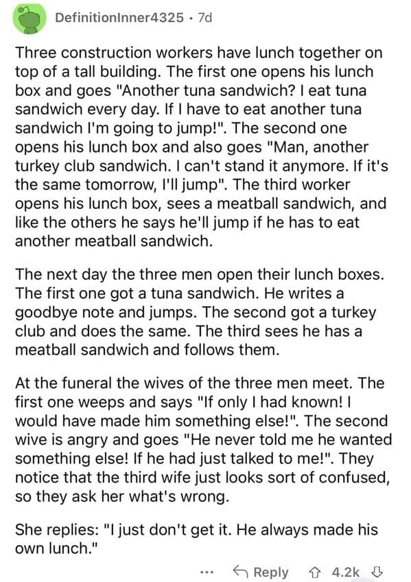 A screenshot of a long text-based Reddit comment by user DefinitionInner4325 narrating a dark, multi-layered dumb joke about three construction workers jumping off a building over repetitive lunches, only for the final wife to reveal her husband always made his own lunch.