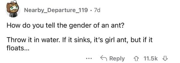 Screenshot of a Reddit post by user Nearby_Departure_119 posing a biology riddle as a subverted dumb joke: "How do you tell the gender of an ant? Throw it in water. If it sinks, it's girl ant, but if it floats..."