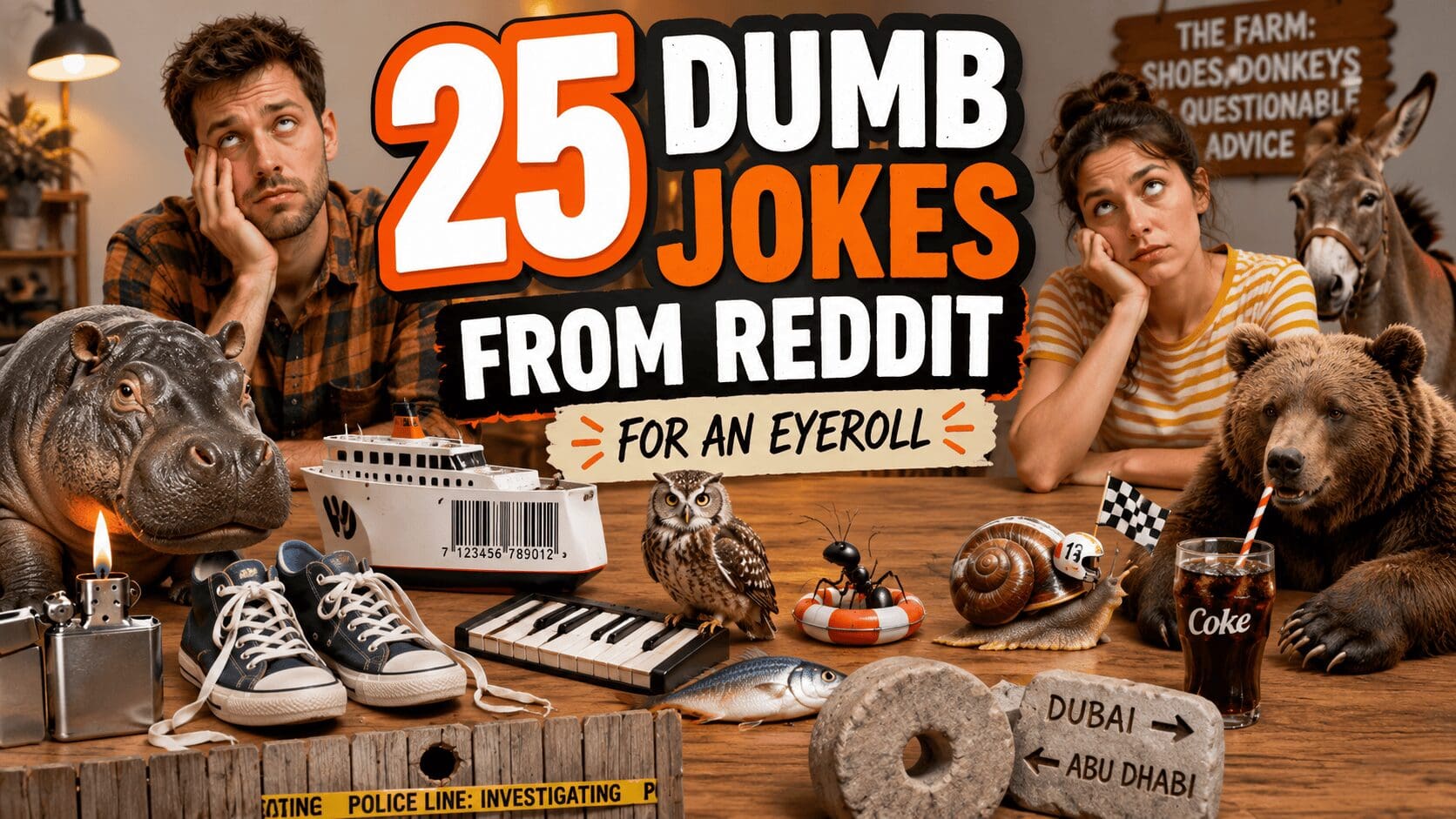 A comprehensively compiled banner celebrating a viral dumb jokes stream on Reddit, front-loading a text riddle about why Norwegian warships have barcodes so they can "Scandinavian," an absurd scenario where two fish inside a military tank ask each other how to drive it, and a shocking twist punchline about a grandfather possessing the heart of a lion along with a lifetime ban from the local zoo.