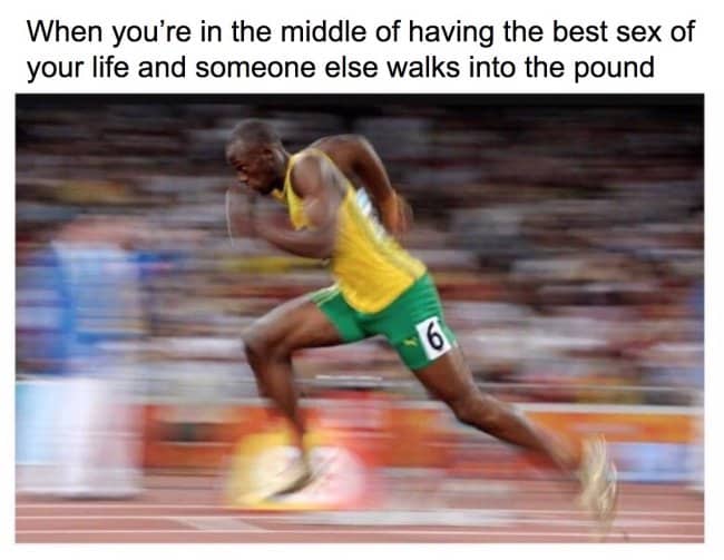 Olympic runner Usain Bolt sprinting rapidly representing a shockingly inappropriate and edgy meme punchline.