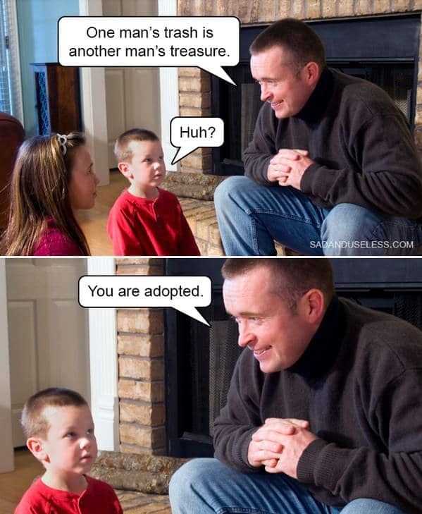 Father harshly telling his young son he is adopted in a dark humor edgy meme.